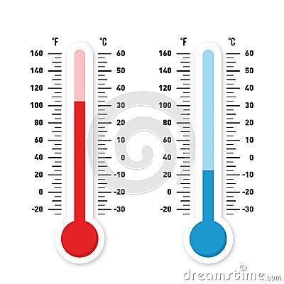 Thermometers measuring heat and cold temperature. Red and blue thermometers with Celsius and Fahrenheit scale Vector Illustration