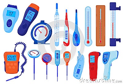 Thermometers vector illustration set, cartoon flat temperature meters collection of meteorological, medical thermometer Vector Illustration