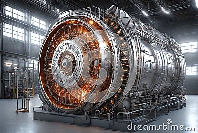 Thermonuclear fusion reactor as a source of cheap energy, Tokamak - complicated technological device background Stock Photo