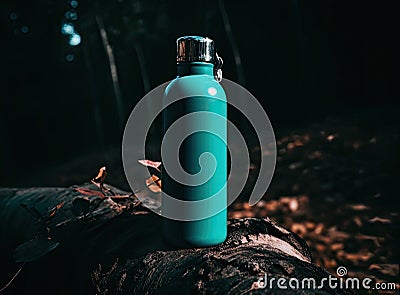 Thermos and aluminum hot drink mug with rising steam outdoors. Camping vacuum flask and iron cup standing on tree stump Stock Photo