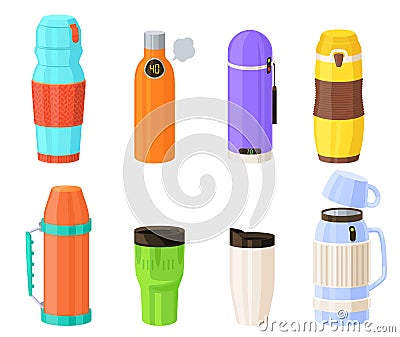 Thermos cartoon vector thermo cup isolated set Cartoon Illustration