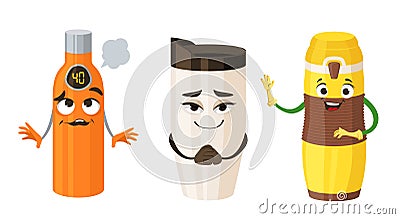 Thermos cup cartoon character flat vector set Vector Illustration
