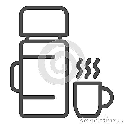 Thermos and cup with hot drink line icon, camping concept, Thermo flask sign on white background, Thermos bottle and cup Vector Illustration