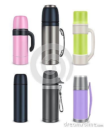 Thermos mock-up set, vector realistic illustration Vector Illustration