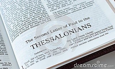 Thessalonians open Holy Bible Book close-up Stock Photo