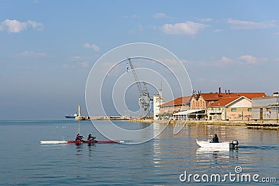 Water sports and rowing training on Aegean Sea, Thessaloniki, Greece Editorial Stock Photo
