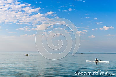 Water sports and rowing training on Aegean Sea, Thessaloniki, Greece Editorial Stock Photo