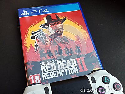 Thessaloniki, Greece, February 11, 2020: The New Red Dead Redemption 2 game with ps4 v2 white Joystick on black Editorial Stock Photo