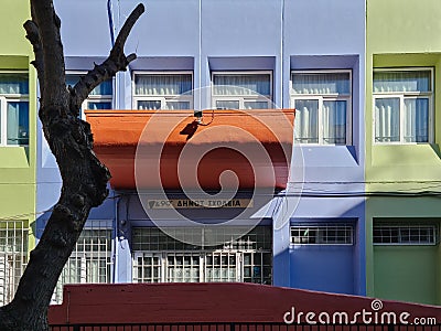 Thessaloniki, Greece Primary public-school entrance with sign. Editorial Stock Photo