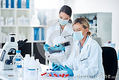 Theyve been making great progress on a new discovery. two scientists working together in a lab. Stock Photo