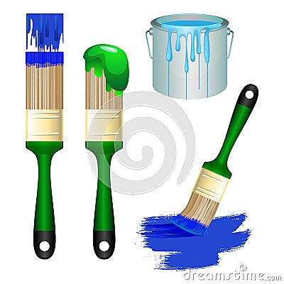 Thick brushes and bucket full of paint set Vector Illustration