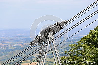 Thick cables and pulleys for the Transportation cableway Stock Photo