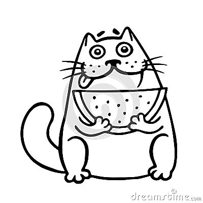 Thick cat with watermelon. Isolated vector illustration. Vector Illustration