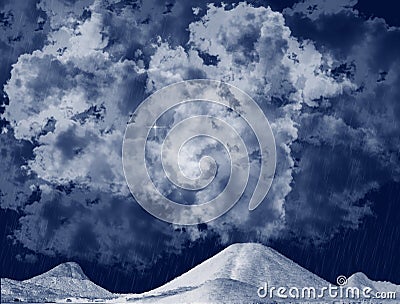 Thick clouds over mountains hills, a star and heavy rain illustration in blue and white. Landscape, weather forecast, cloudy sky. Cartoon Illustration