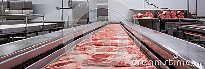Thick cuts of raw meat on a conveyor belt pink fresh factory line. Stock Photo