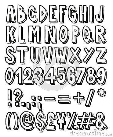 Thick Doodle Handwritten Outline with Drop Shadow Alphabet, Numbers & Signs with Marker Pen Vector Illustration