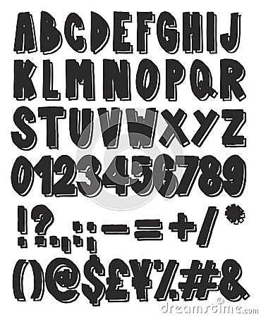 Thick Doodle Handwritten Outline & Fill with Shadow Alphabet, Numbers & Signs with Marker Pen Vector Illustration