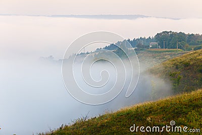 Thick fog covering green slopes in Ukraine. Morning landscape Stock Photo