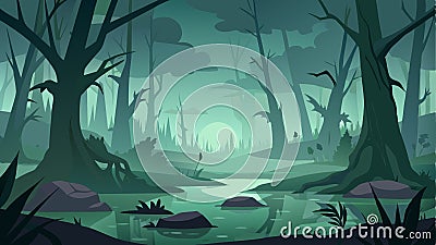 The thick fog makes it feel as though the swamp goes on endlessly adding to the sense of enigma and secrecy.. Vector Illustration