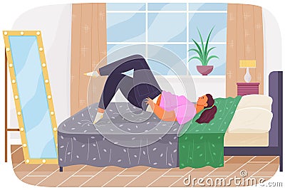 Thick girl puts on skinny jeans lies on bed, young fat woman relaxing in mattress in bedroom Vector Illustration