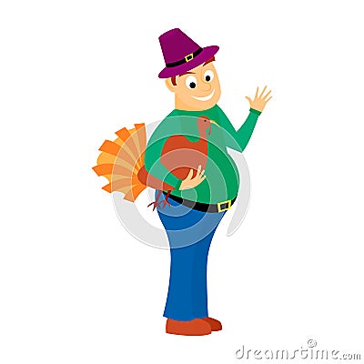 Thick happy man holds in one hand turkey is a holiday Thanksgiving. isolated on white background Vector Illustration