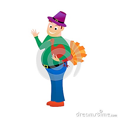 Thick happy man holds in one hand turkey is a holiday Thanksgiving. Vector Illustration