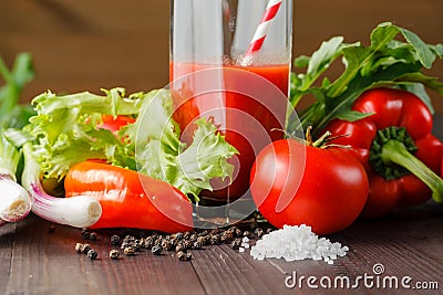 Thick tomato juice and tomato with pepper and salt Stock Photo