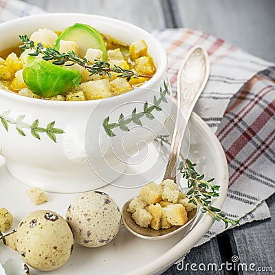 Thick vegetable soup puree with Brussels sprouts Stock Photo