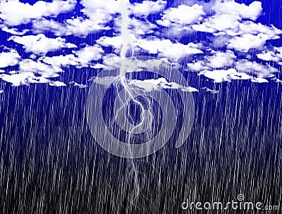 Thick white clouds, falling torrential heavy rain and lightning on blue background illustration. Weather forecast, cloudy sky. Cartoon Illustration