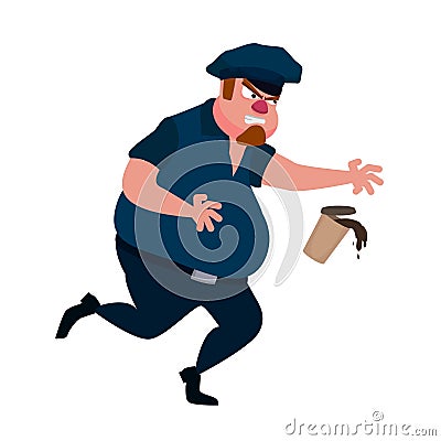 A fat policeman runs and drops coffee Vector Illustration