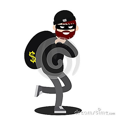 Thief with bag of money. Problem of urban economic security. Cartoon flat illustration Vector Illustration