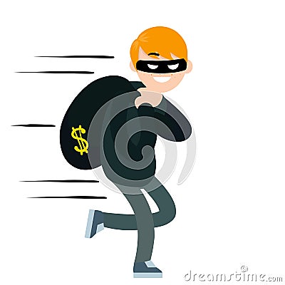 Thief with bag of money. Problem of urban economic security. Cartoon flat illustration. Bank robbery Vector Illustration