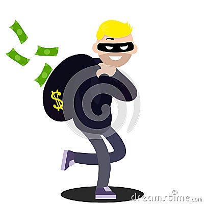 Thief with bag of money. Problem of urban economic security. Vector Illustration