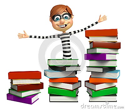Thief with Book stack Cartoon Illustration