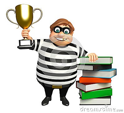 Thief with Book stack & winning cup Cartoon Illustration