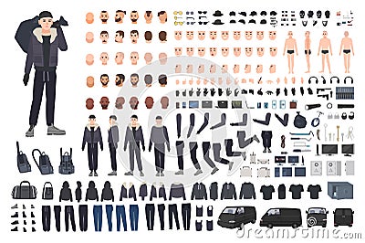 Thief, burglar or criminal creation set or DIY kit. Bundle of flat male cartoon character body parts in different Vector Illustration