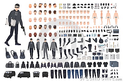 Thief, burglar or robber DIY kit. Collection of flat male cartoon character body parts in different positions, skin Vector Illustration