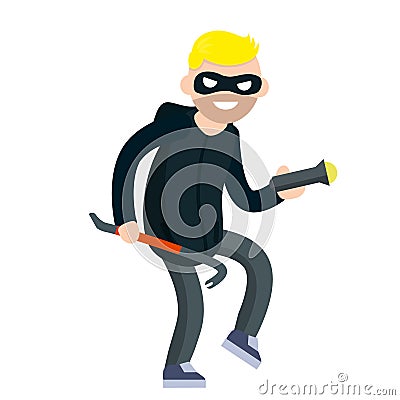 Thief with crowbar. Criminal problem. Man robber in black with mask. Male offender sneaks. Cartoon flat illustration Vector Illustration