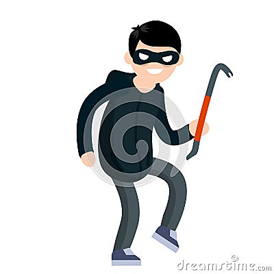 Thief with crowbar. Criminal problem. Man robber in black with mask Vector Illustration
