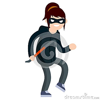 Thief with crowbar. Female offender sneaks Vector Illustration