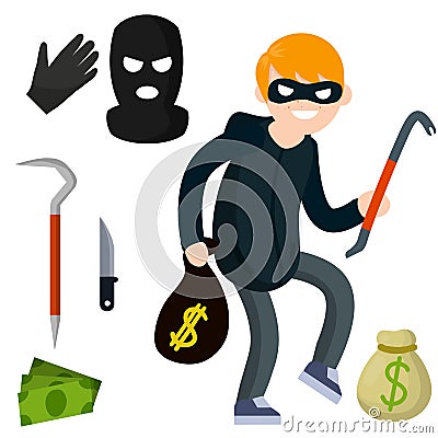 Thief with crowbar. Man offender sneaks. Vector Illustration