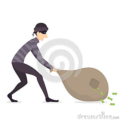 Thief Drags a Bag of Money Vector Illustration