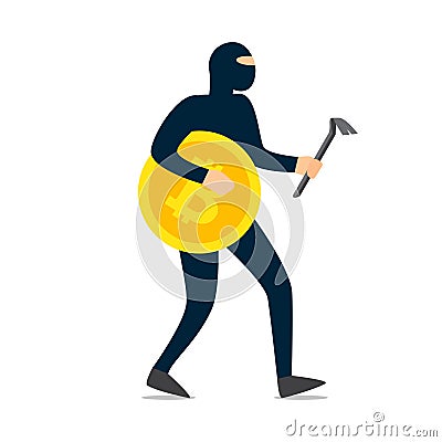 Thief hacker dressed in dark mask running with gold cryptocurrency bitcoin. Vector Illustration