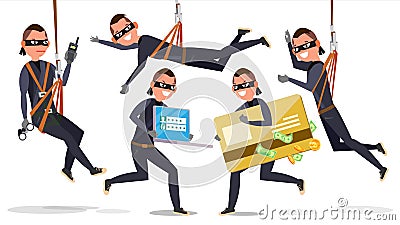 Thief, Hacker Man Set Vector. Stealing Credit Card Information, Personal Data, Money. Fishing Attack. Flat Vector Illustration