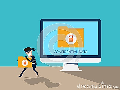Thief. Hacker stealing confidential data document folder from computer useful for anti phishing and internet viruses campaigns. Vector Illustration