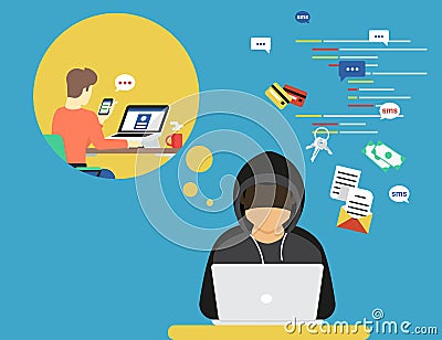 Thief or hacker is stealing log in password of social networks account Vector Illustration