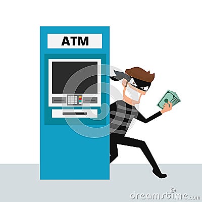 Thief. Hacker stealing money from ATM machine. Vector Illustration