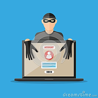 Thief hacker stealing passwords from laptop Vector Illustration