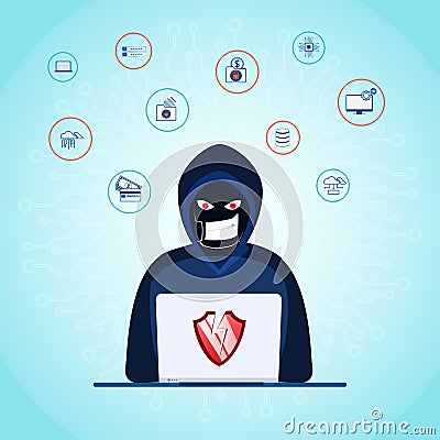Thief. Hacker stealing sensitive data as passwords from a personal computer useful for anti phishing and internet viruses campaign Vector Illustration
