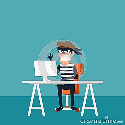 Thief. Hacker stealing sensitive data as passwords from a personal computer useful for anti phishing and internet viruses campaign Vector Illustration